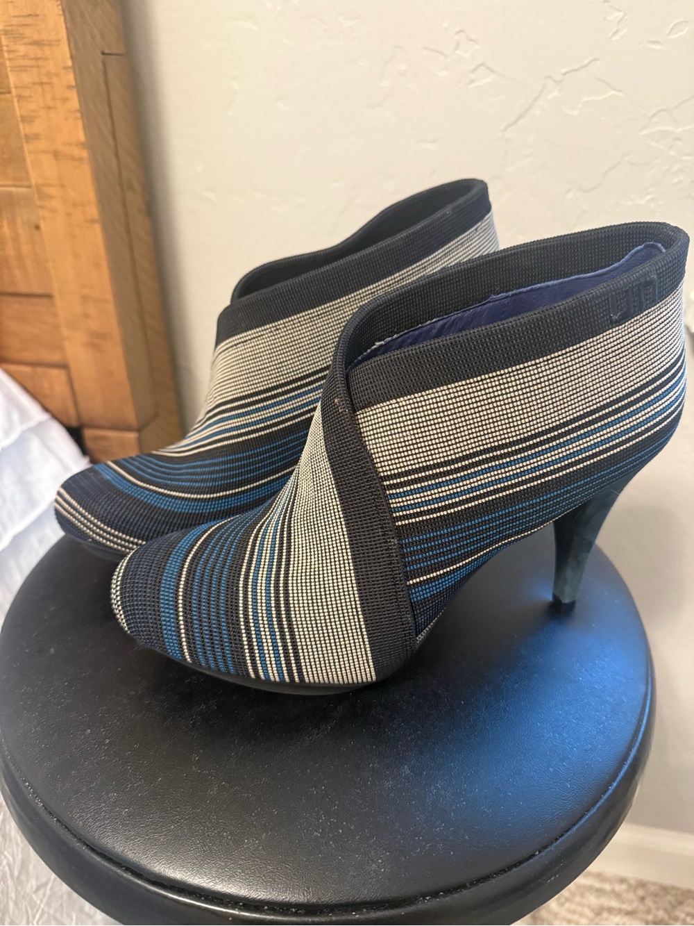 Striped Blue and Black High-Heel Ankle Booties